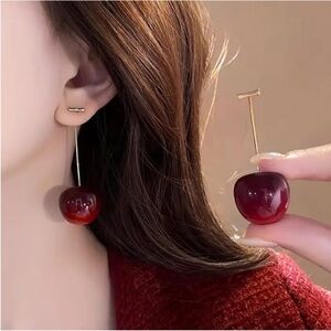 New Elegant Delicate Feminine Gold & Red Cherry Bomb Valentine’s Day Earrings